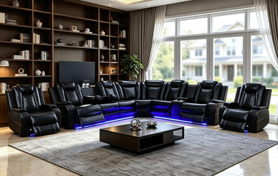 Power Recliner Sectional Couch with LED Light,Leather Sectional Couches Set, Living Room Furniture Sets,Power Reclining Sofa Sets with Cup Holder for Home (Black, Sectional+2Chair)
