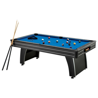 NobleDen Blue Top Pool Table with Ball Return, 2 Cues & Billiard Balls 7 ft | Game Room