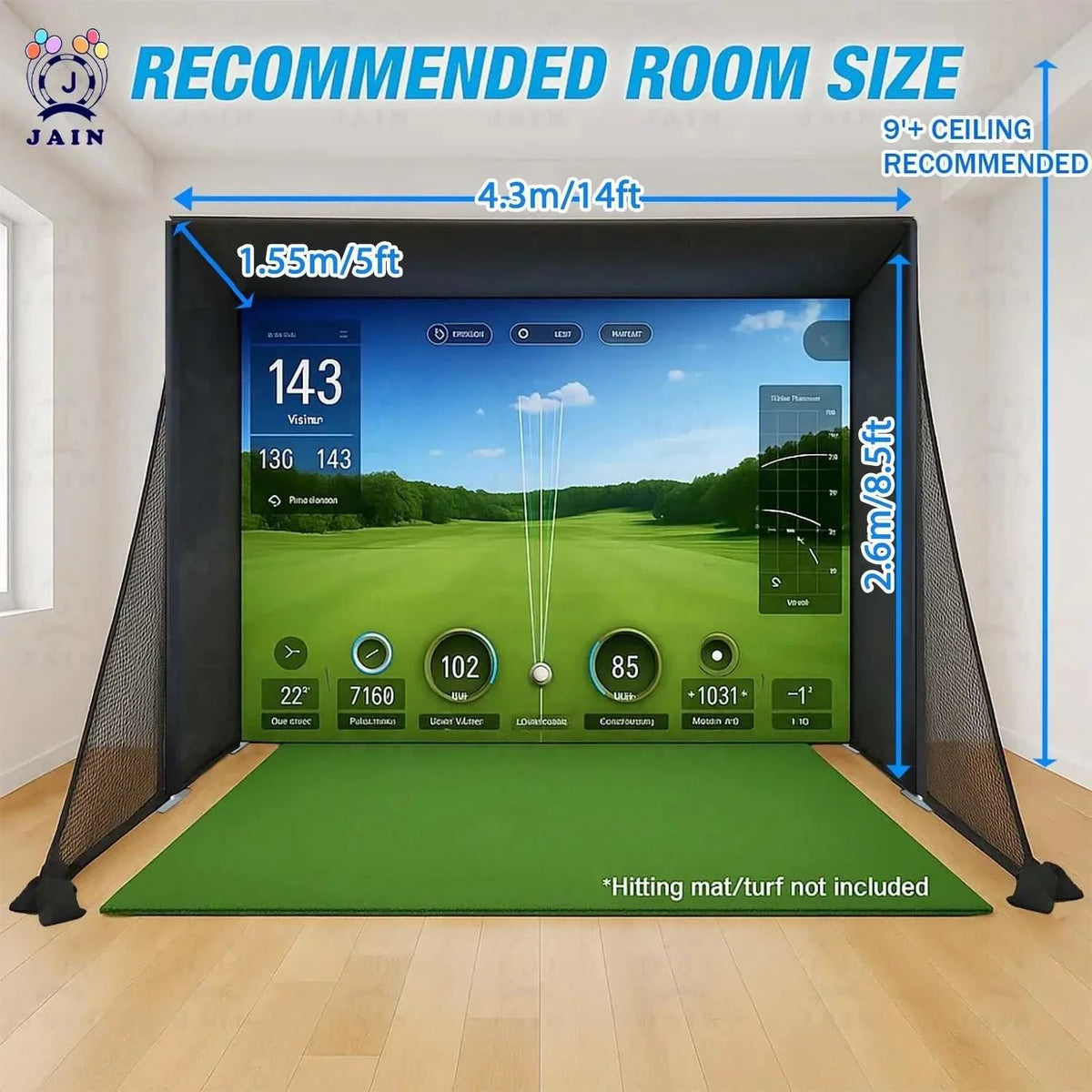 Golf Simulator Enclosure with black frame, dark side netting and wide golf projection screen for indoor play
