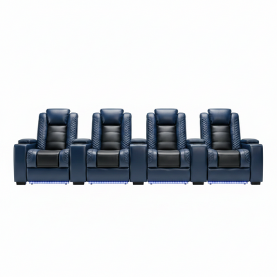 Power Home Theater Seating Recliner Chairs Set of 3, PU Leather Recliner & Cup Holder, Electric Movie Theater Reclining Chairs with Adjustable Headrest, Blue LED, Hidden Arm Storage (Black-Blue)