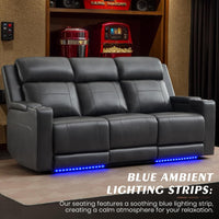 Power Reclining Sofa with Adjustable Headrest/Led Light, Home Theater Seating with Armrest Storage/Outlet/Breathable Leather, Power Loveseat Recliner Sofa for Living Room (Grey&Black, Sofa)
