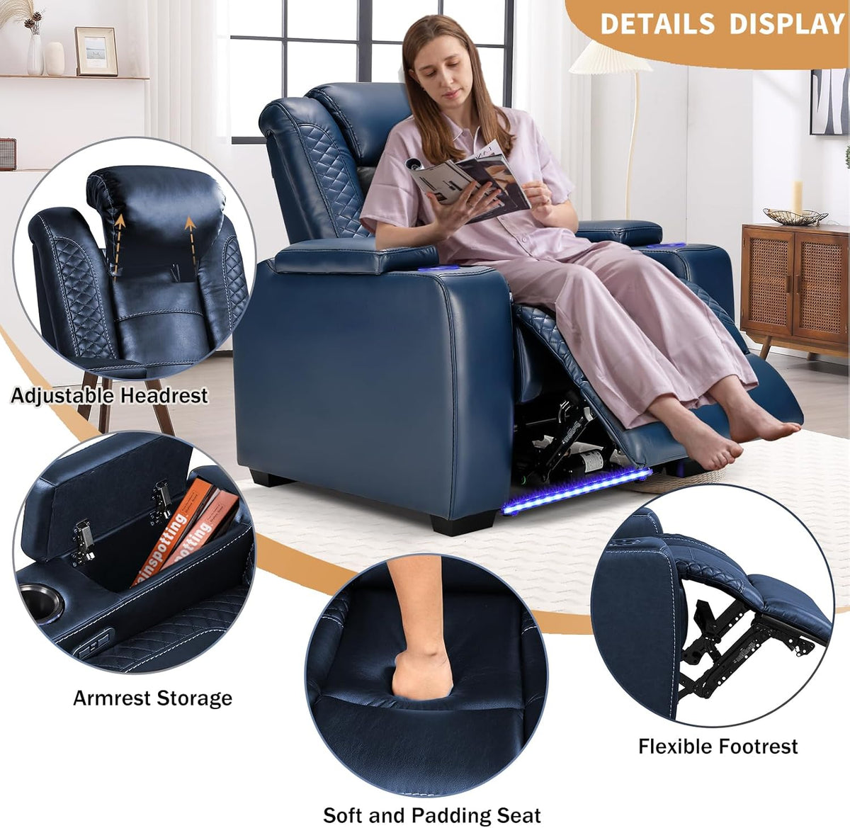 Power Home Theater Seating Recliner Chairs Set of 3, PU Leather Recliner & Cup Holder, Electric Movie Theater Reclining Chairs with Adjustable Headrest, Blue LED, Hidden Arm Storage (Black-Blue)