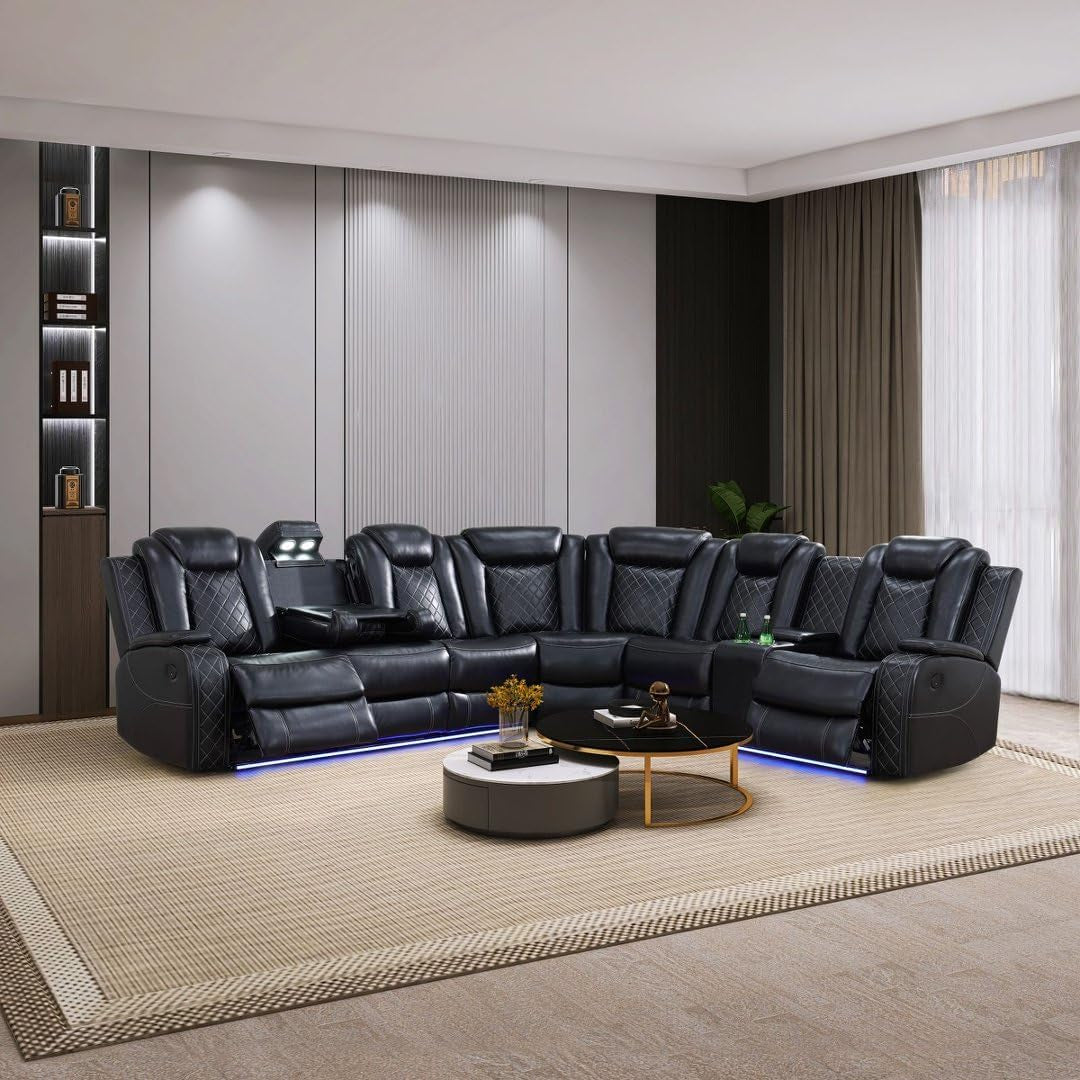 Power Recliner Sectional Couch with LED Light,Leather Sectional Couches Set, Living Room Furniture Sets,Power Reclining Sofa Sets with Cup Holder for Home (Black, Sectional+2Chair)