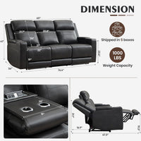 Power Reclining Sofa with Adjustable Headrest/Led Light, Home Theater Seating with Armrest Storage/Outlet/Breathable Leather, Power Loveseat Recliner Sofa for Living Room (Grey&Black, Sofa)