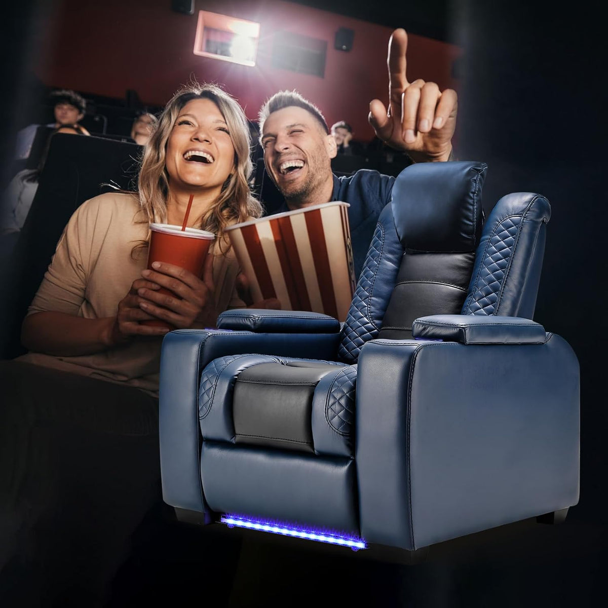 Power Home Theater Seating Recliner Chairs Set of 3, PU Leather Recliner & Cup Holder, Electric Movie Theater Reclining Chairs with Adjustable Headrest, Blue LED, Hidden Arm Storage (Black-Blue)
