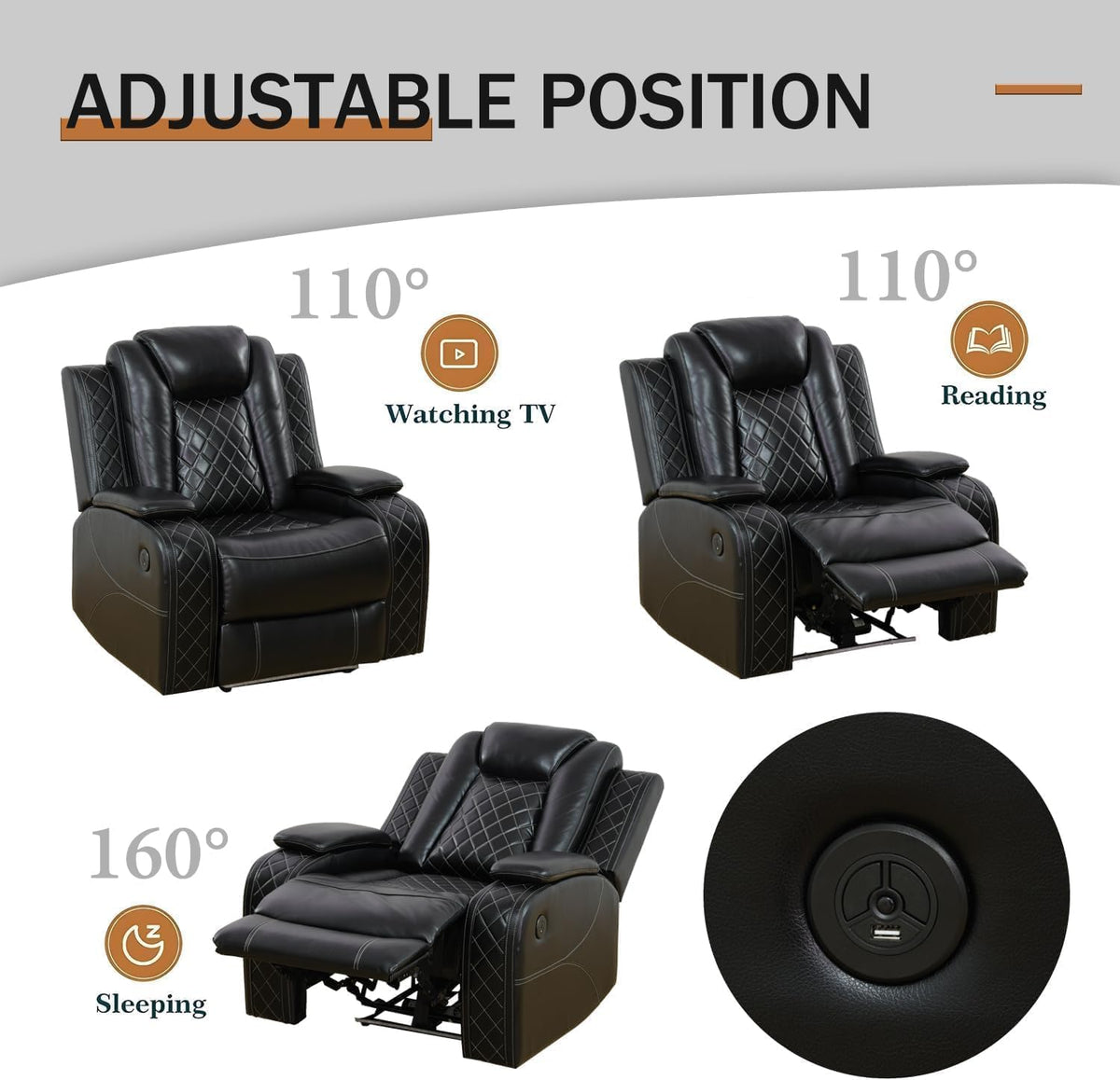 Power Recliner Sectional Couch with LED Light,Leather Sectional Couches Set, Living Room Furniture Sets,Power Reclining Sofa Sets with Cup Holder for Home (Black, Sectional+2Chair)