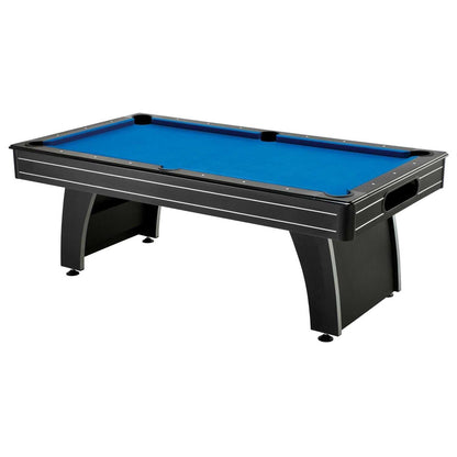 7 Ft Blue Top Pool Table with bright blue cloth, black frame, curved pedestal legs and drop pockets