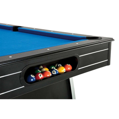 7 Ft Blue Top Pool Table with bright blue felt, black rail, and a built-in ball return holding billiard balls