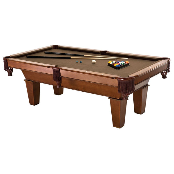 7Ft Brown Wool Cloth pool table with dark brown felt, wooden frame, fringed pockets, two cues, and billiard balls