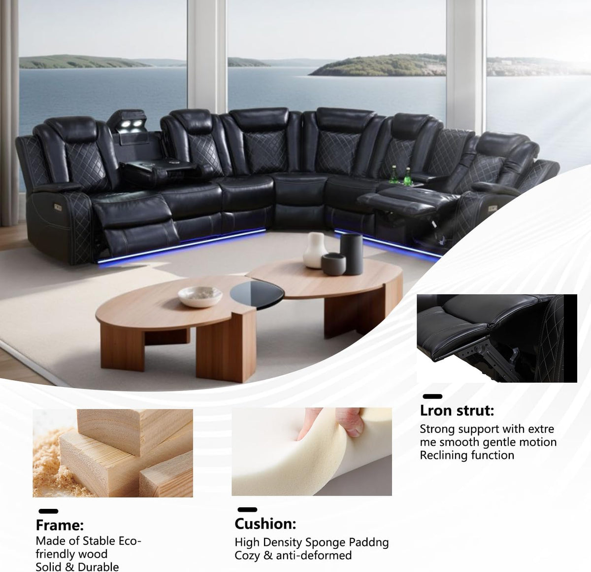 Power Recliner Sectional Couch with LED Light,Leather Sectional Couches Set, Living Room Furniture Sets,Power Reclining Sofa Sets with Cup Holder for Home (Black, Sectional+2Chair)