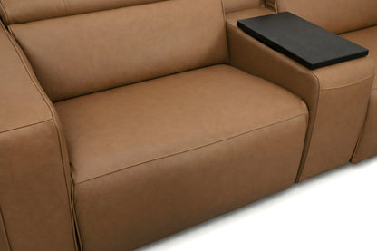 Rally Pro Caramel 6-Piece Power Reclining Sectional in caramel leather with stitched cushions and a black console table
