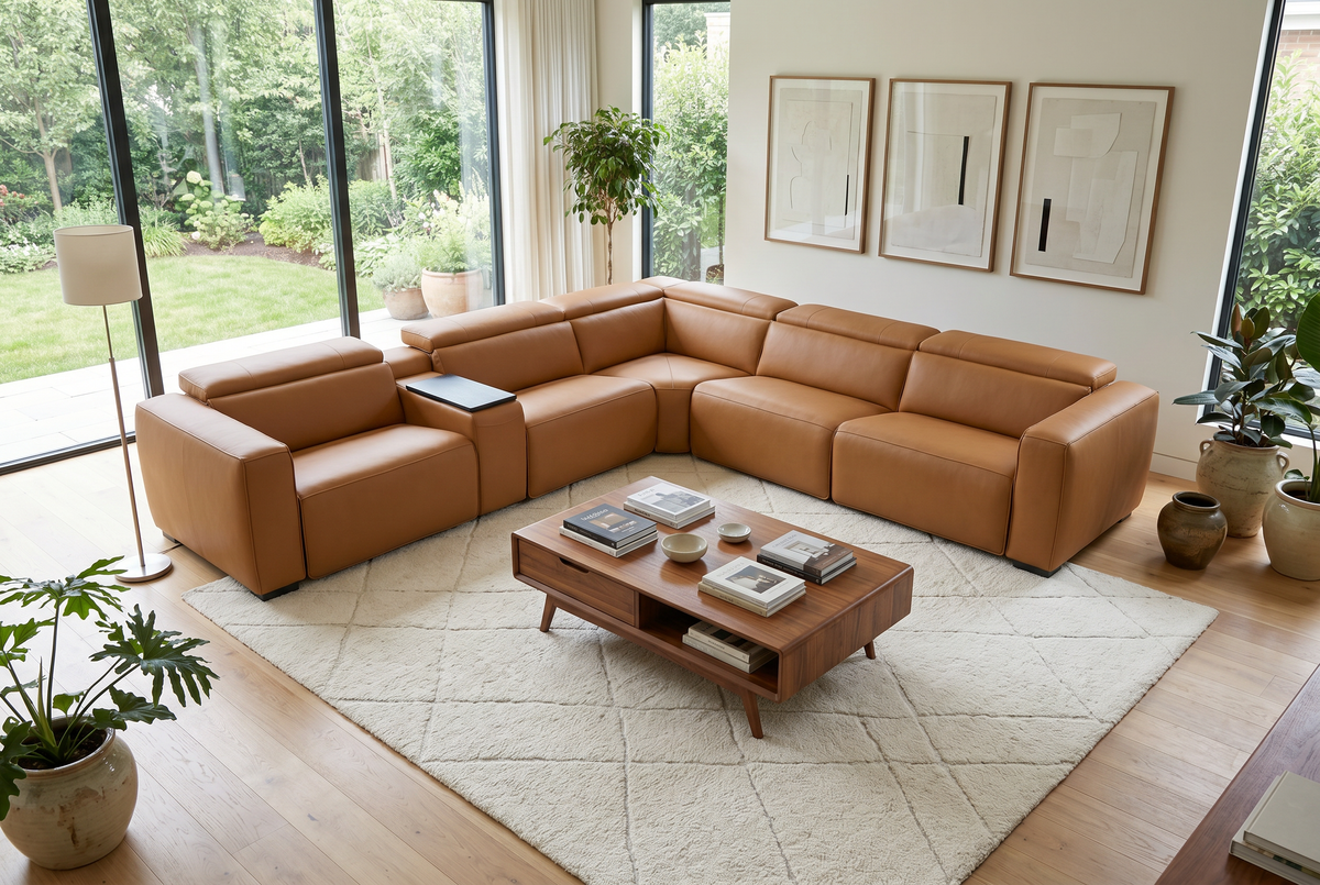Rally Pro Caramel 6-Piece Power Reclining Sectional in caramel leather with modular seats, padded headrests and center console