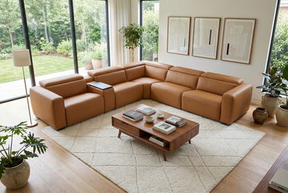 Rally Pro Caramel 6-Piece Power Reclining Sectional in caramel leather with modular seats, padded headrests and center console
