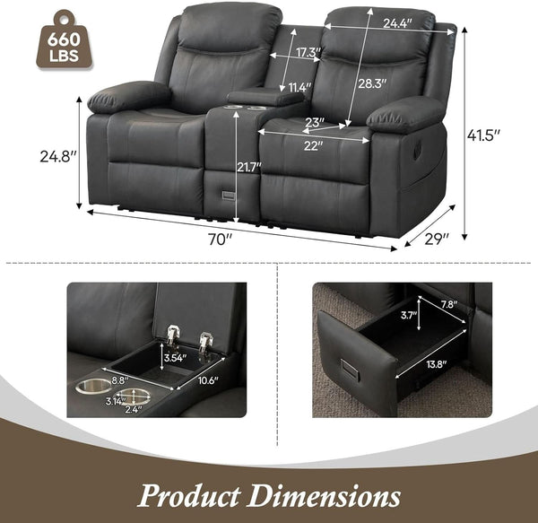 Grey Double Reclining Loveseat For Living Room Home Theater