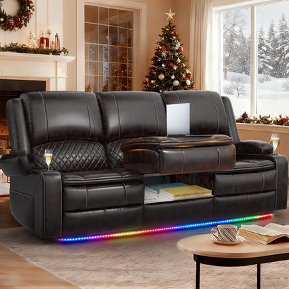 3 Seater Reclining Sofa, Recliner Sofa with Liftable Console (Pu, Brown)