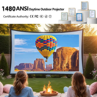 Auto Focus Native Resolution projector displaying a vivid hot air balloon landscape on an outdoor screen