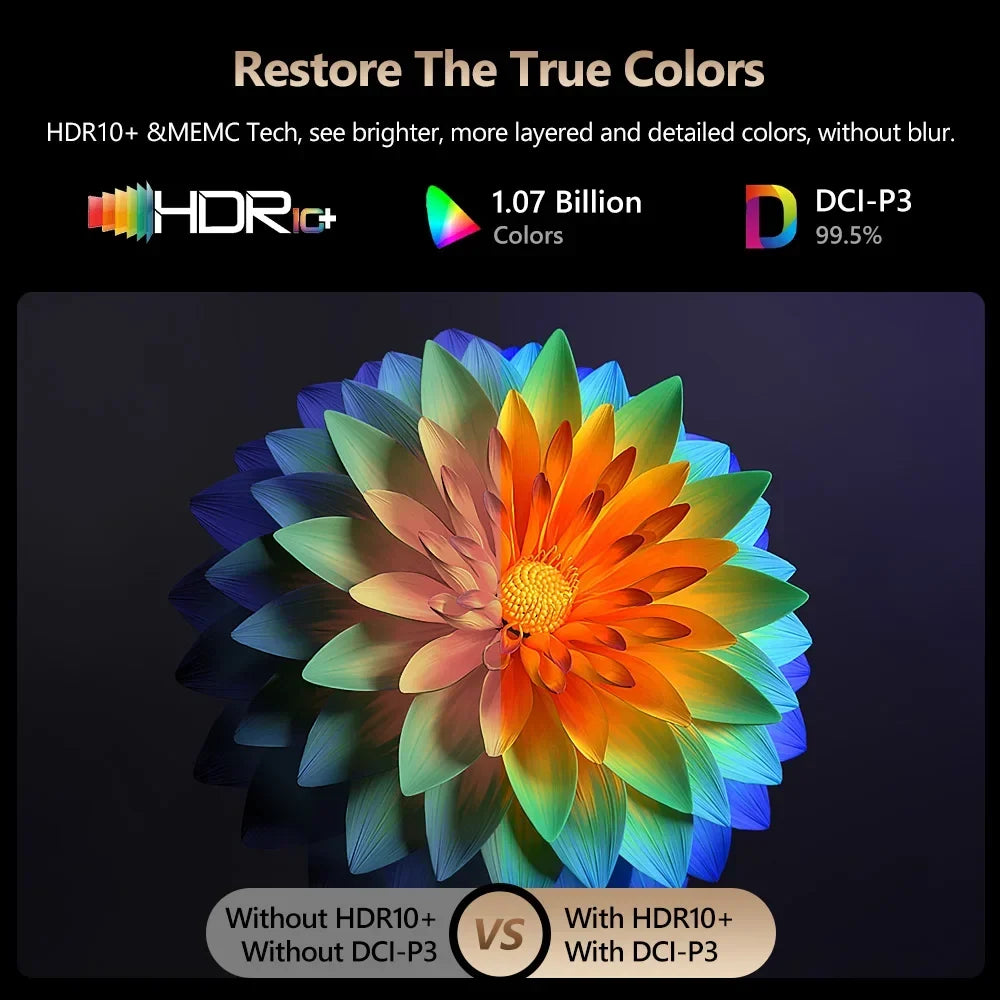 Auto Focus Native Resolution projector display comparing HDR10+ and DCI-P3 color, with a vivid multicolored flower