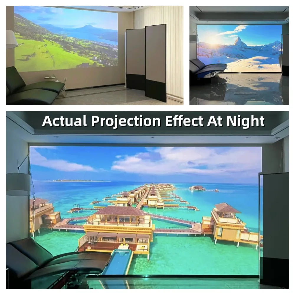 Auto Focus Native Resolution projector showing vivid landscape and tropical resort scenes projected across large indoor screens