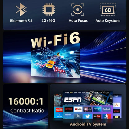 Auto Focus Native Resolution projector feature graphic showing Bluetooth 5.1, 2G+16G, auto keystone, Wi-Fi 6 and Android TV