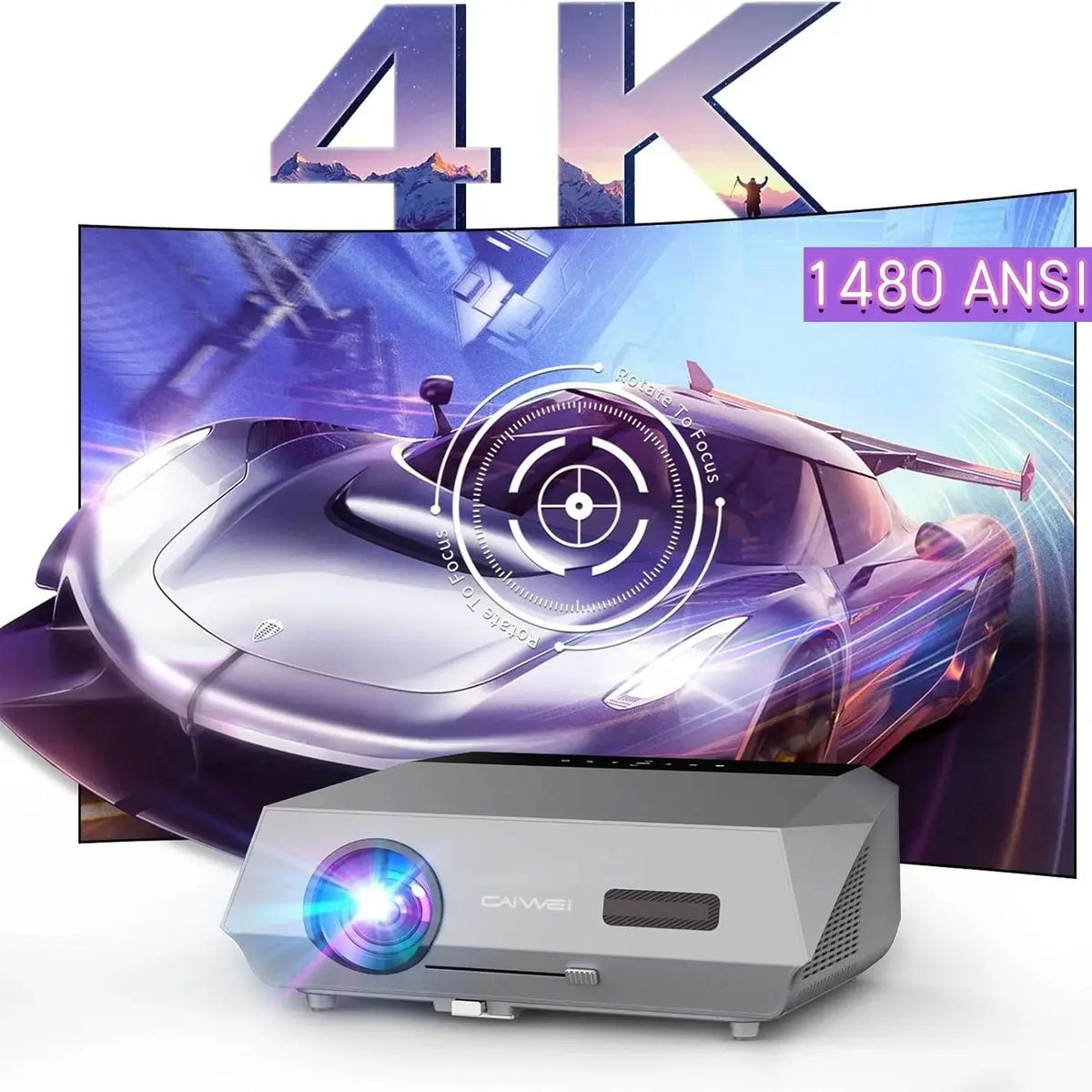 Auto Focus Native Resolution projector, compact silver-gray body with black vents and a prominent blue lens beside a 4K car display