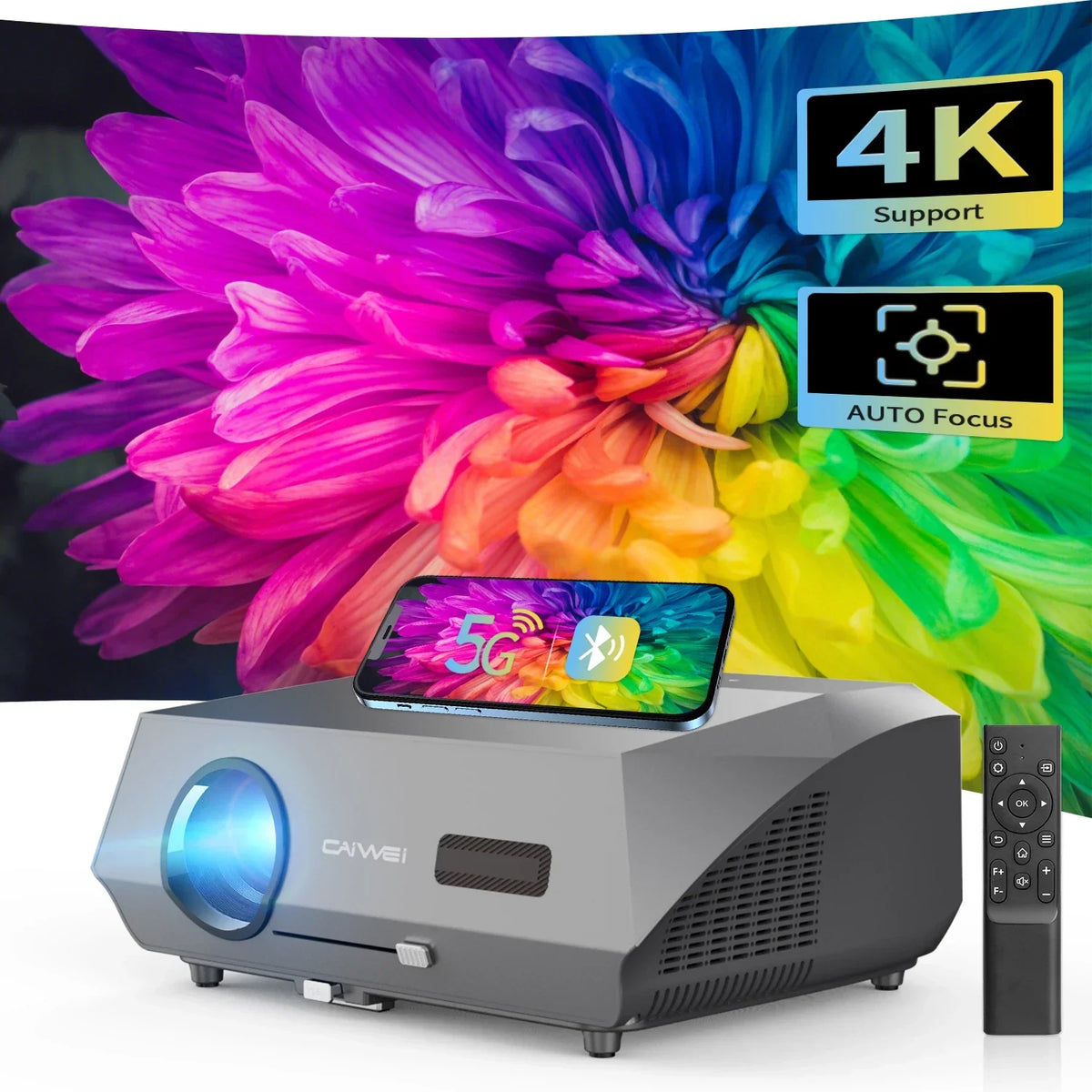 Auto Focus Native Resolution projector in silver gray with a blue lens, vented sides, remote and phone displaying 5G