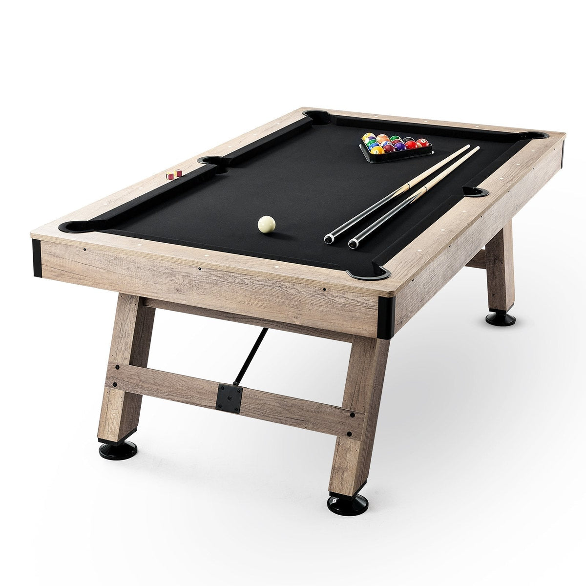 Billiards Table, 7 ft with a black cloth playing surface, light wood frame, adjustable legs, balls and cues