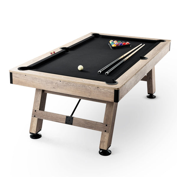 Billiards Table, 7 ft with a black cloth playing surface, light wood frame, adjustable legs, balls and cues