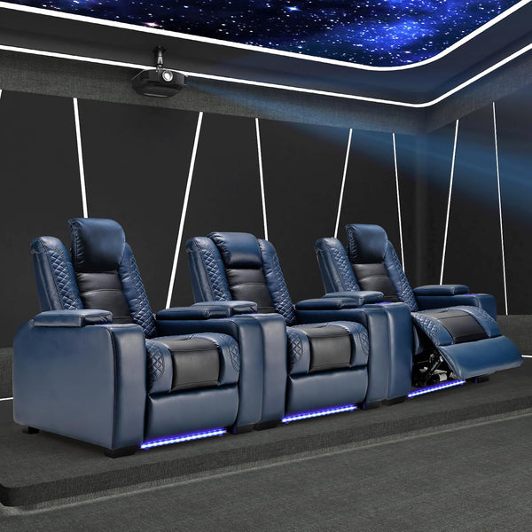 Power Home Theater Seating Recliner Chairs Set of 3, PU Leather Recliner & Cup Holder, Electric Movie Theater Reclining Chairs with Adjustable Headrest, Blue LED, Hidden Arm Storage (Black-Blue)