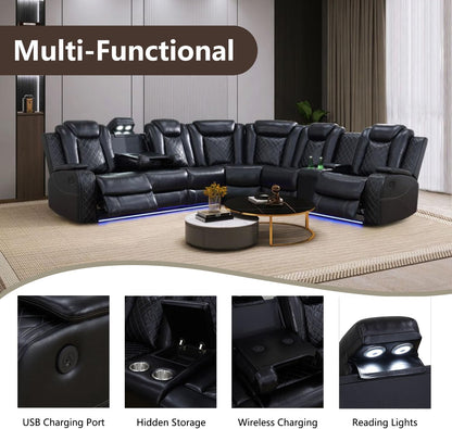Power Recliner Sectional Couch with LED Light,Leather Sectional Couches Set, Living Room Furniture Sets,Power Reclining Sofa Sets with Cup Holder for Home (Black, Sectional+2Chair)