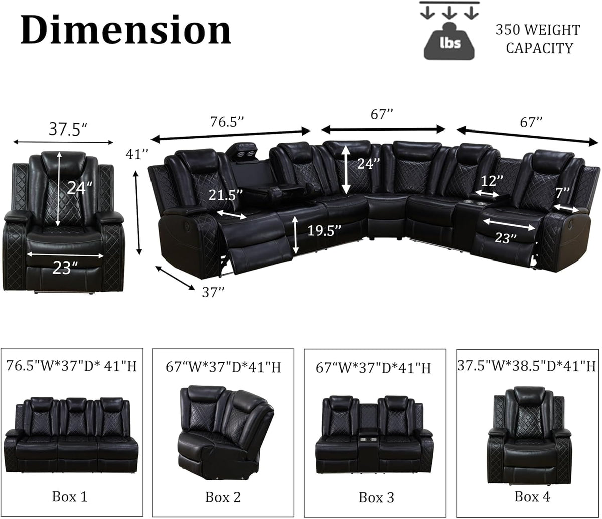 Power Recliner Sectional Couch with LED Light,Leather Sectional Couches Set, Living Room Furniture Sets,Power Reclining Sofa Sets with Cup Holder for Home (Black, Sectional+2Chair)