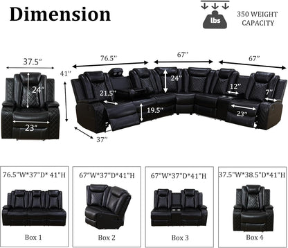 Power Recliner Sectional Couch with LED Light,Leather Sectional Couches Set, Living Room Furniture Sets,Power Reclining Sofa Sets with Cup Holder for Home (Black, Sectional+2Chair)