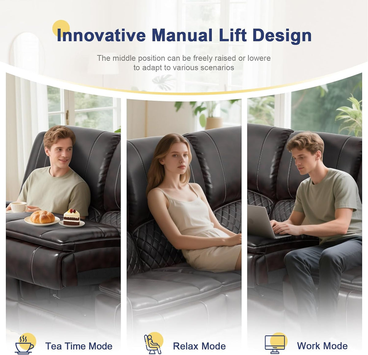 3 Seater Reclining Sofa, Recliner Sofa with Liftable Console (Pu, Brown)