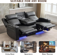 Power Reclining Sofa with Adjustable Headrest/Led Light, Home Theater Seating with Armrest Storage/Outlet/Breathable Leather, Power Loveseat Recliner Sofa for Living Room (Grey&Black, Sofa)