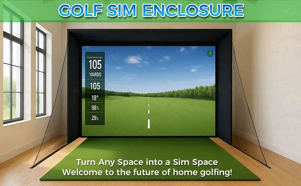 Golf Simulator Enclosure with a black frame, green impact screen showing a golf course, and side containment netting