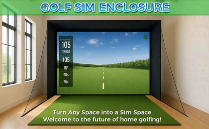 Golf Simulator Enclosure with a black frame, green impact screen showing a golf course, and side containment netting