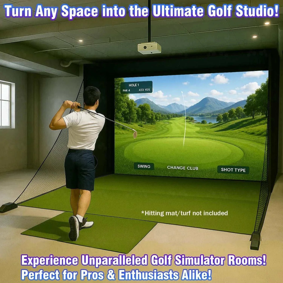 Golf Simulator Enclosure with a black frame, green side netting and large golf course projection impact screen
