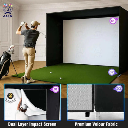 Golf Simulator Enclosure with a black frame, white dual-layer impact screen, green turf and velour fabric sides