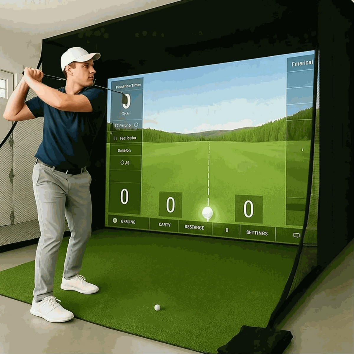 Golf Simulator Enclosure with a black impact screen, dark frame and side netting displaying a virtual golf course