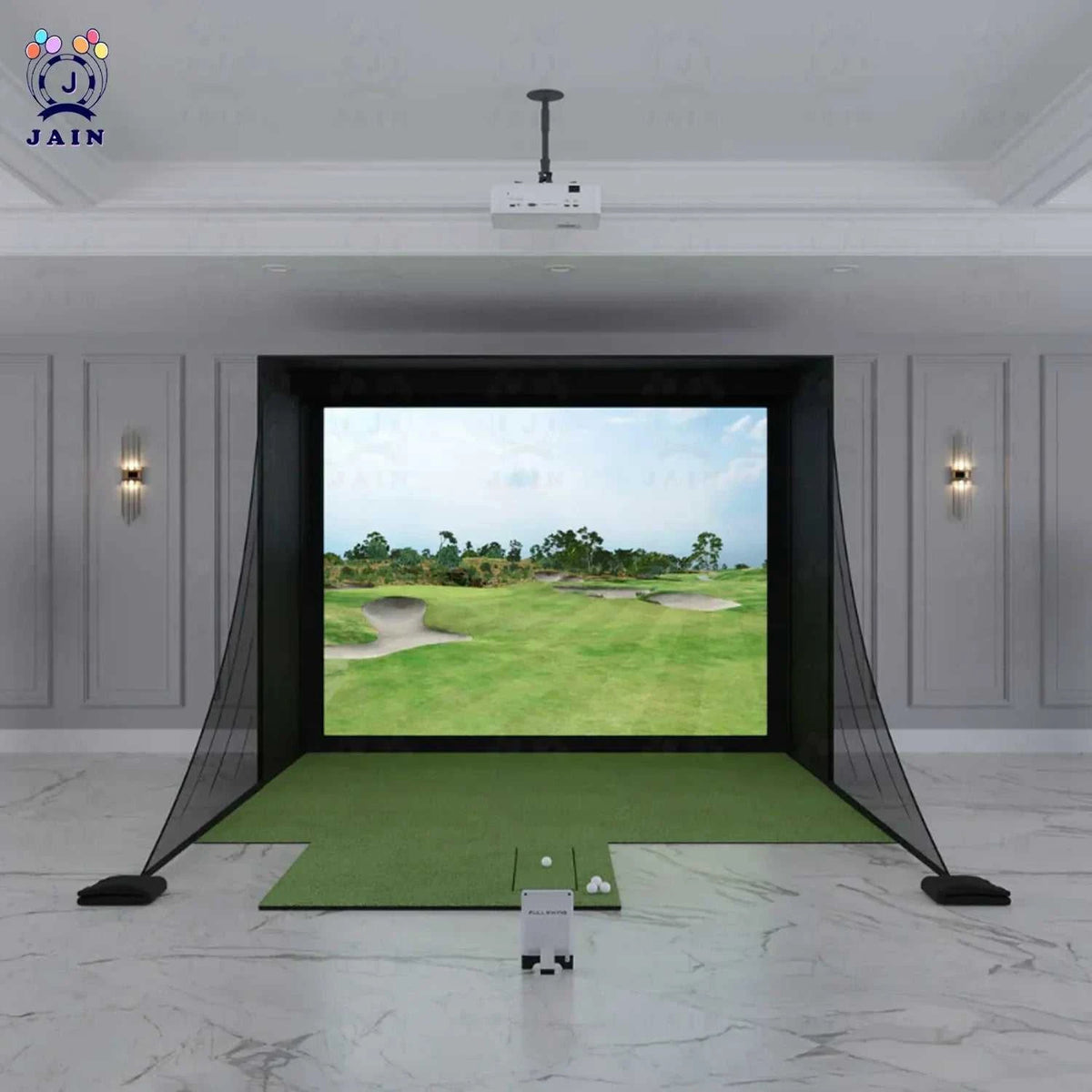 Golf Simulator Enclosure with a black impact screen, side containment netting and green hitting mat for indoor practice