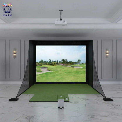 Golf Simulator Enclosure with a black impact screen, side containment netting and green hitting mat for indoor practice