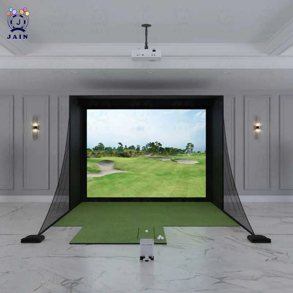 Golf Simulator Enclosure with a black impact screen, side containment netting and green hitting mat for indoor practice