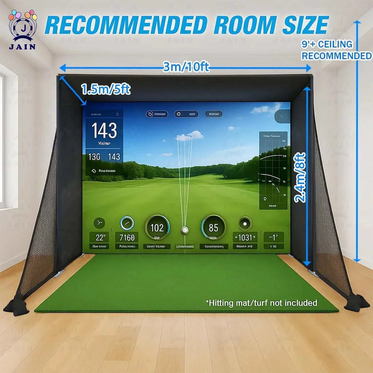 Golf Simulator Enclosure with black netting, rectangular impact screen and aluminum frame, shown with size measurements