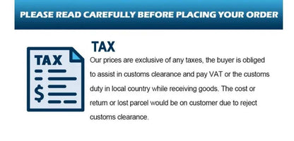 Golf Simulator Enclosure product notice showing a blue tax document icon and text about customs clearance, VAT and buyer taxes