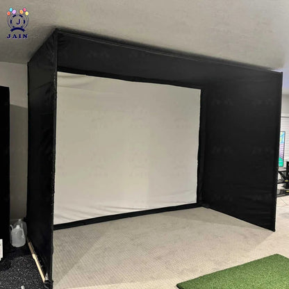 Golf Simulator Enclosure with a white impact screen, black frame, and full black side and top containment netting