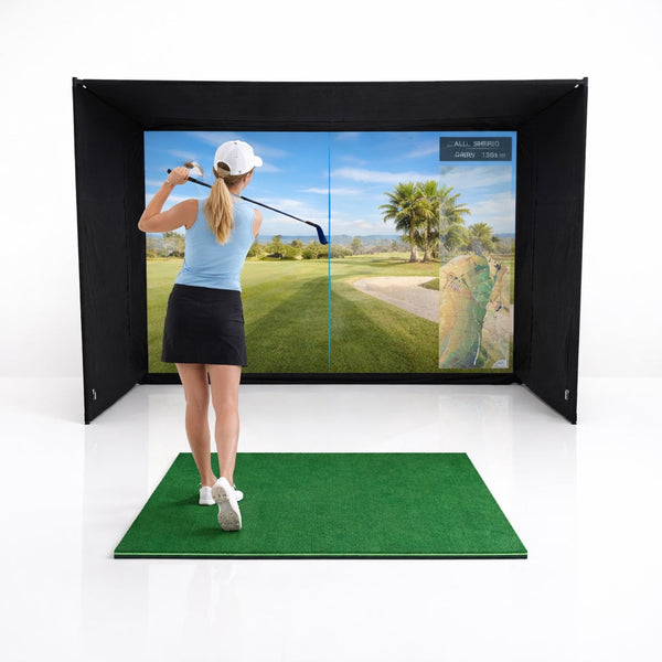 GolfBays EasySim Golf Simulator Enclosure with a black fabric frame and widescreen golf impact screen