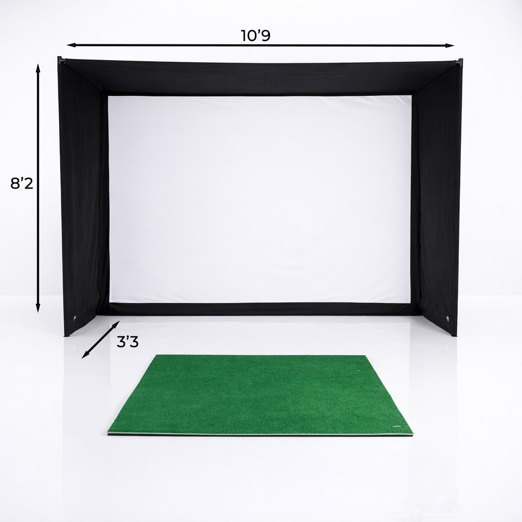 GolfBays EasySim Golf Simulator Enclosure with black fabric frame, white impact screen and green hitting mat