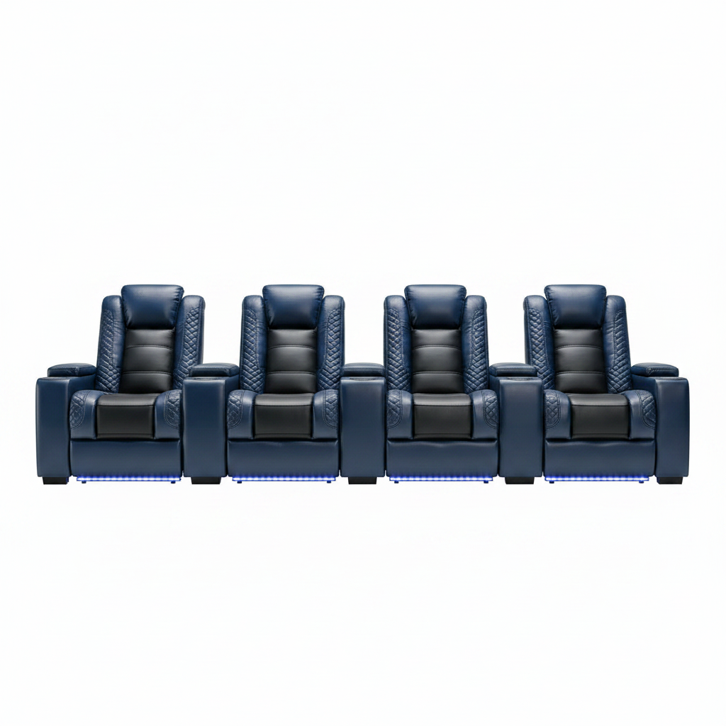 Power Home Theater Seating Recliner Chairs Set of 3, PU Leather Recliner & Cup Holder, Electric Movie Theater Reclining Chairs with Adjustable Headrest, Blue LED, Hidden Arm Storage (Black-Blue)