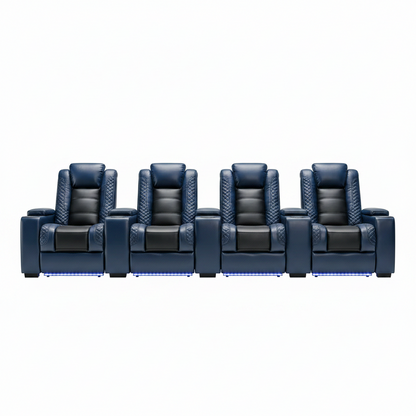 Power Home Theater Seating Recliner Chairs Set of 3, PU Leather Recliner & Cup Holder, Electric Movie Theater Reclining Chairs with Adjustable Headrest, Blue LED, Hidden Arm Storage (Black-Blue)