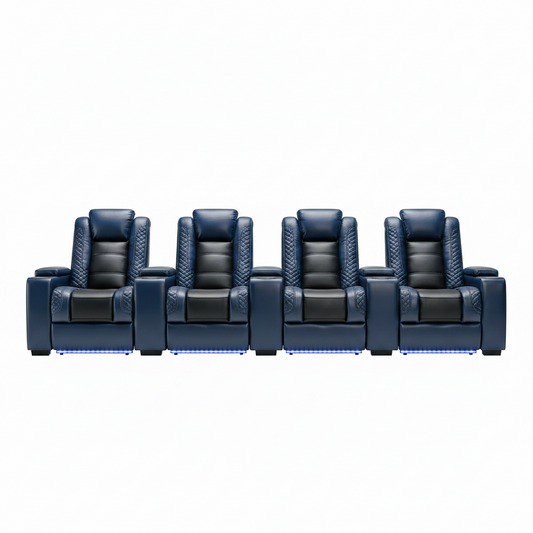 Power Home Theater Seating Recliner Chairs Set of 3, PU Leather Recliner & Cup Holder, Electric Movie Theater Reclining Chairs with Adjustable Headrest, Blue LED, Hidden Arm Storage (Black-Blue)
