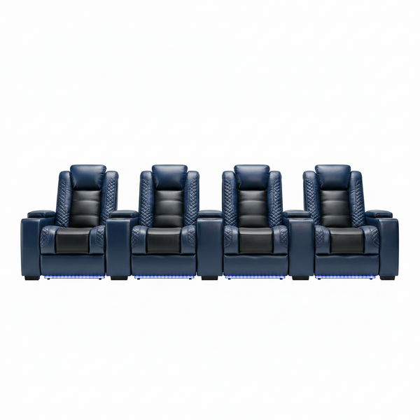 Power Home Theater Seating Recliner Chairs Set of 3, PU Leather Recliner & Cup Holder, Electric Movie Theater Reclining Chairs with Adjustable Headrest, Blue LED, Hidden Arm Storage (Black-Blue)